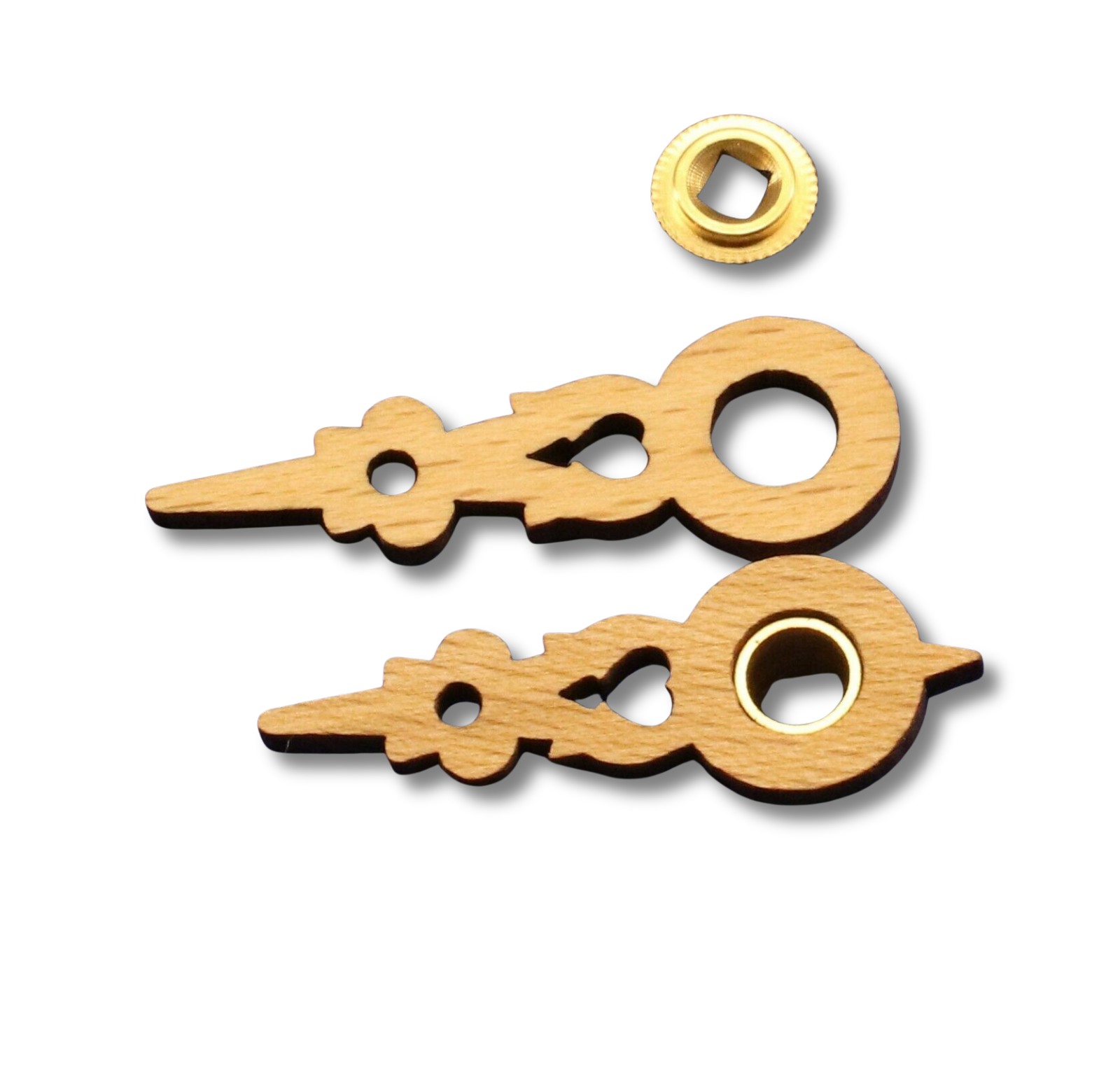 Solid wood Regula cuckoo clock hands for 60 mm dial with brass minute bushing
