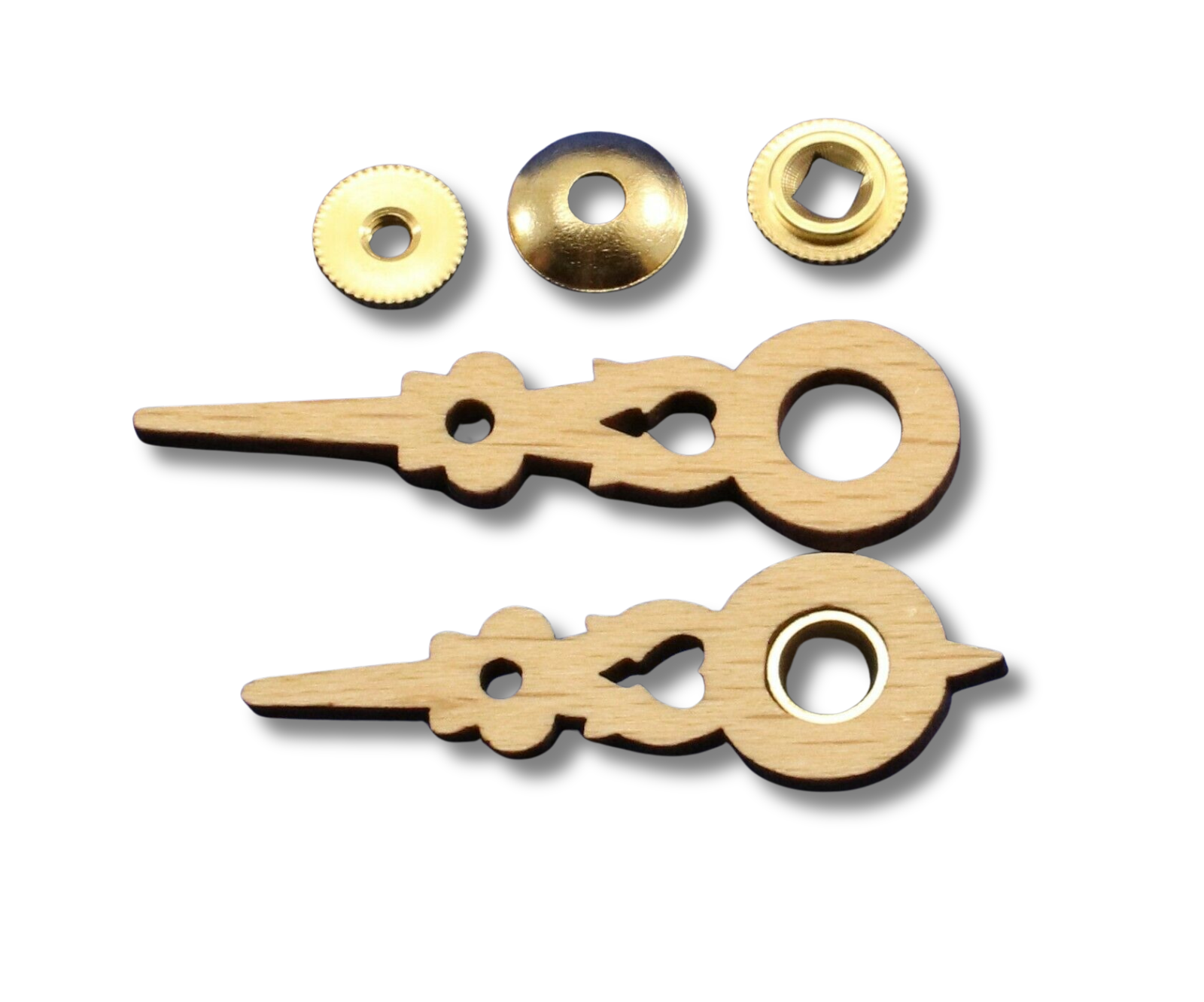 Solid wood Regula cuckoo clock hands for 80 mm dial with brass minute bushing, washer, and nut.