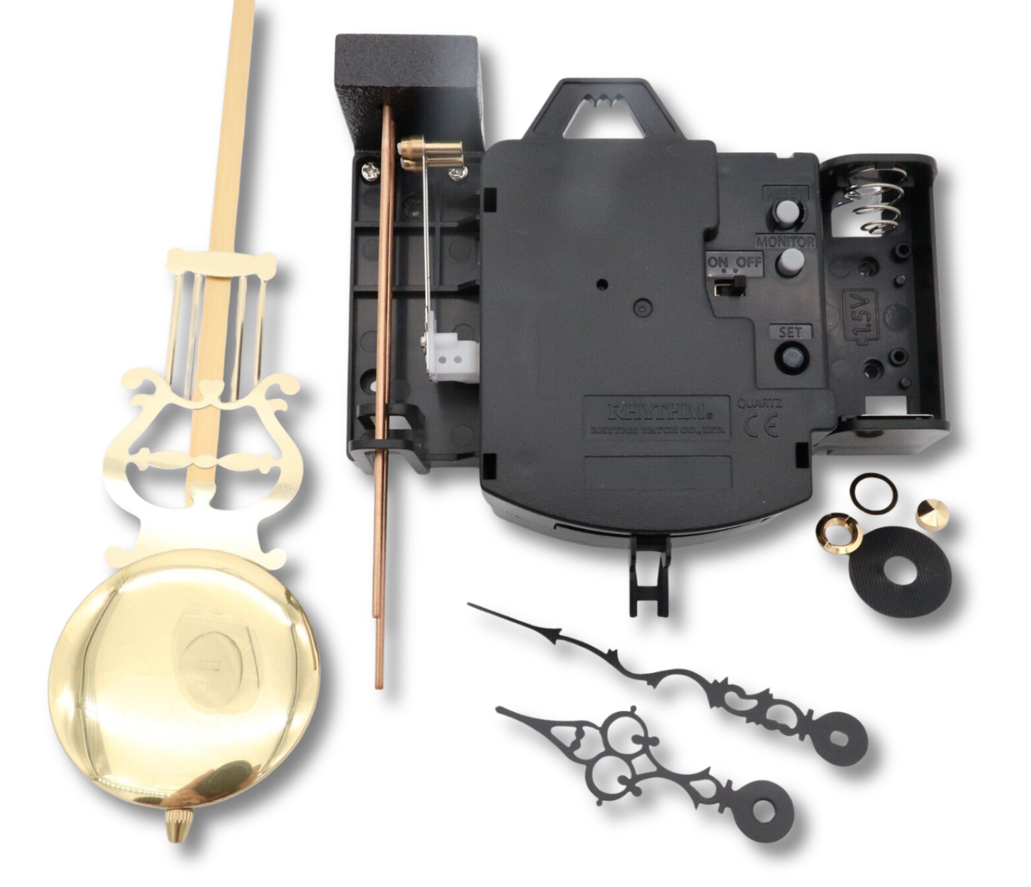 Rhythm quartz pendulum clock movement with mechanical bim-bam strike and copper chime rods