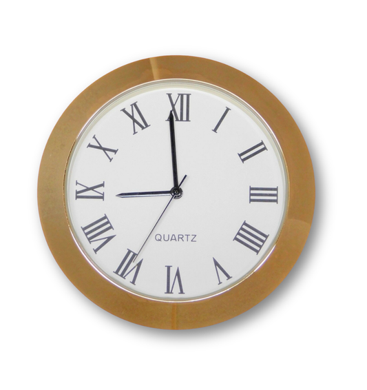 Seiko 2-inch gold quartz fit-up clock insert with white Roman dial and glass crystal (model 50GWR)