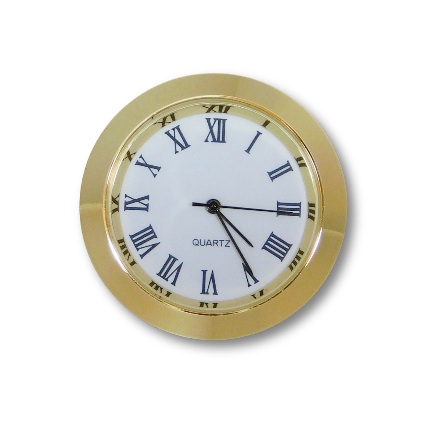 Seiko 37GWR quartz fit-up clock movement with white Roman dial, gold metal bezel, and glass crystal