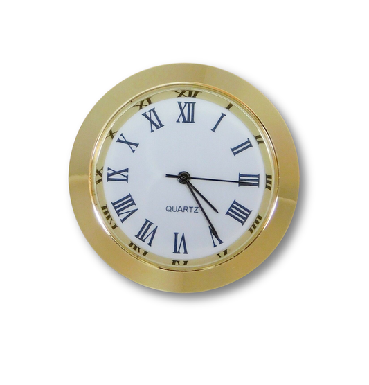 Seiko 37GWR quartz fit-up clock movement with white Roman dial, gold metal bezel, and glass crystal