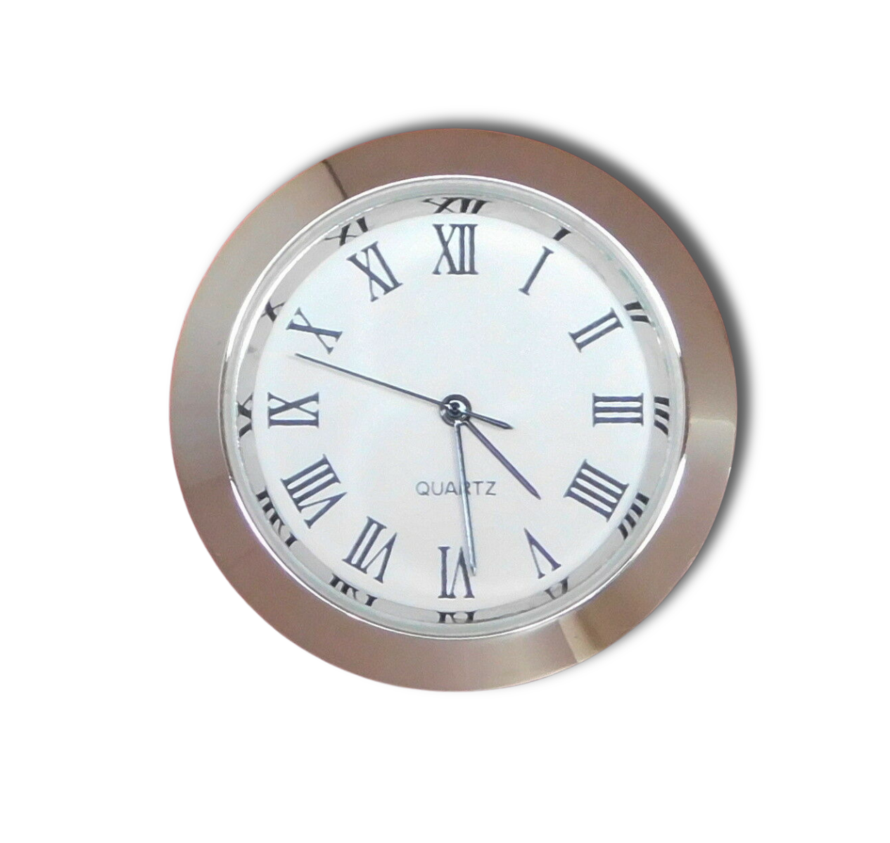 Seiko 37 mm quartz fit-up clock insert with silver metal bezel, white Roman dial, and glass crystal, model PC21 37WWR.