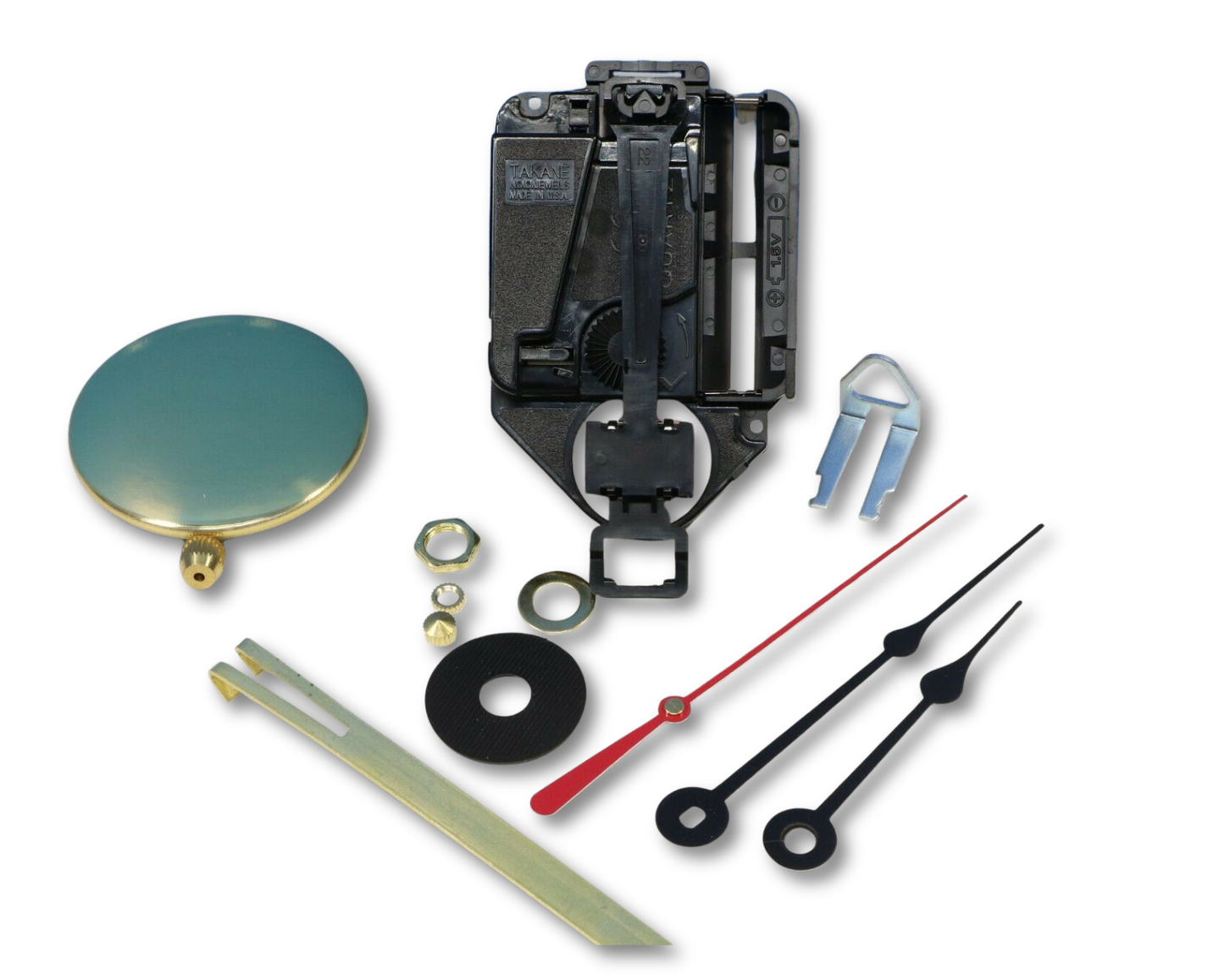 Takane mini quartz clock movement with small pendulum and spade hands USA made