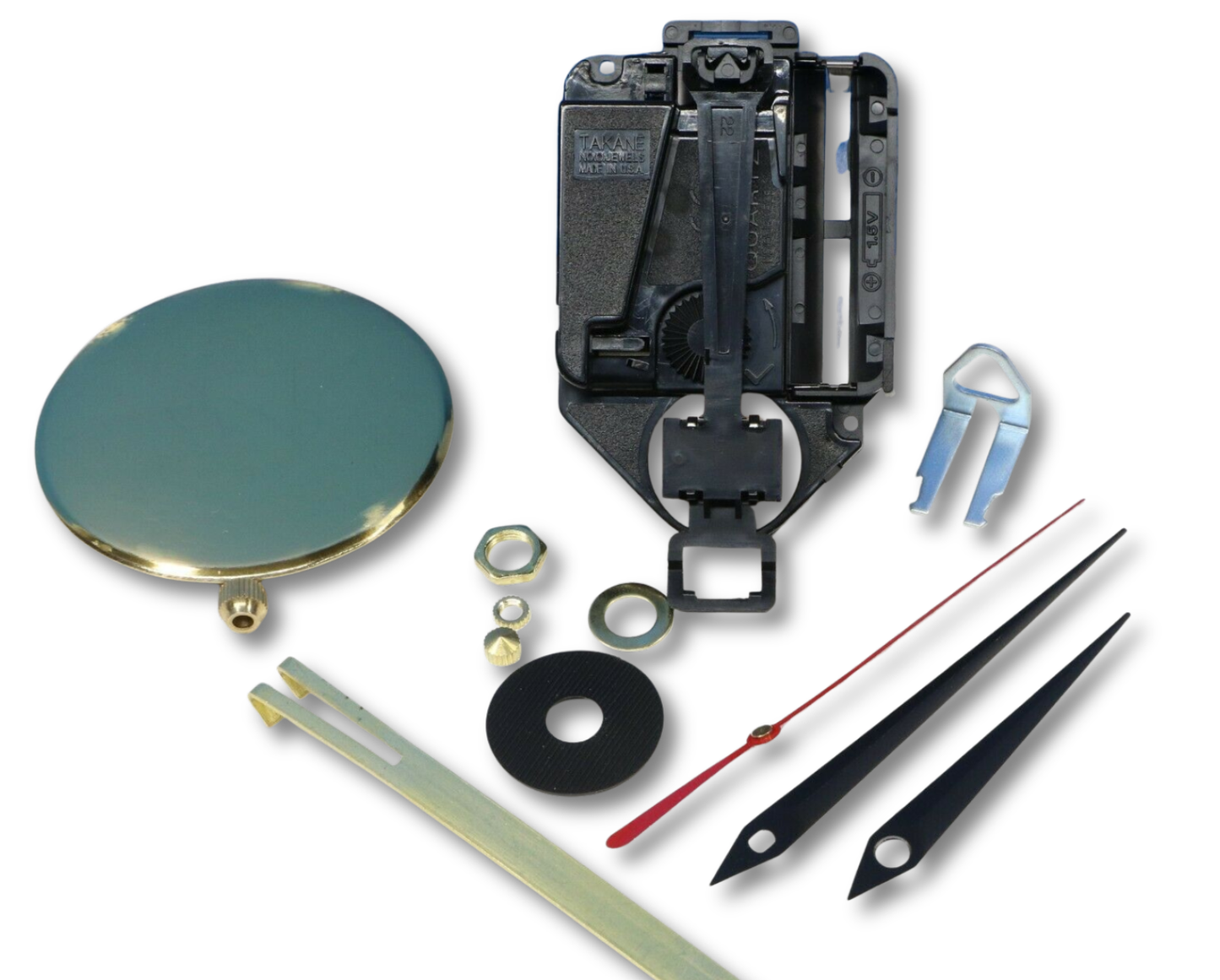 Takane mini quartz clock movement with small pendulum and sword hands installed