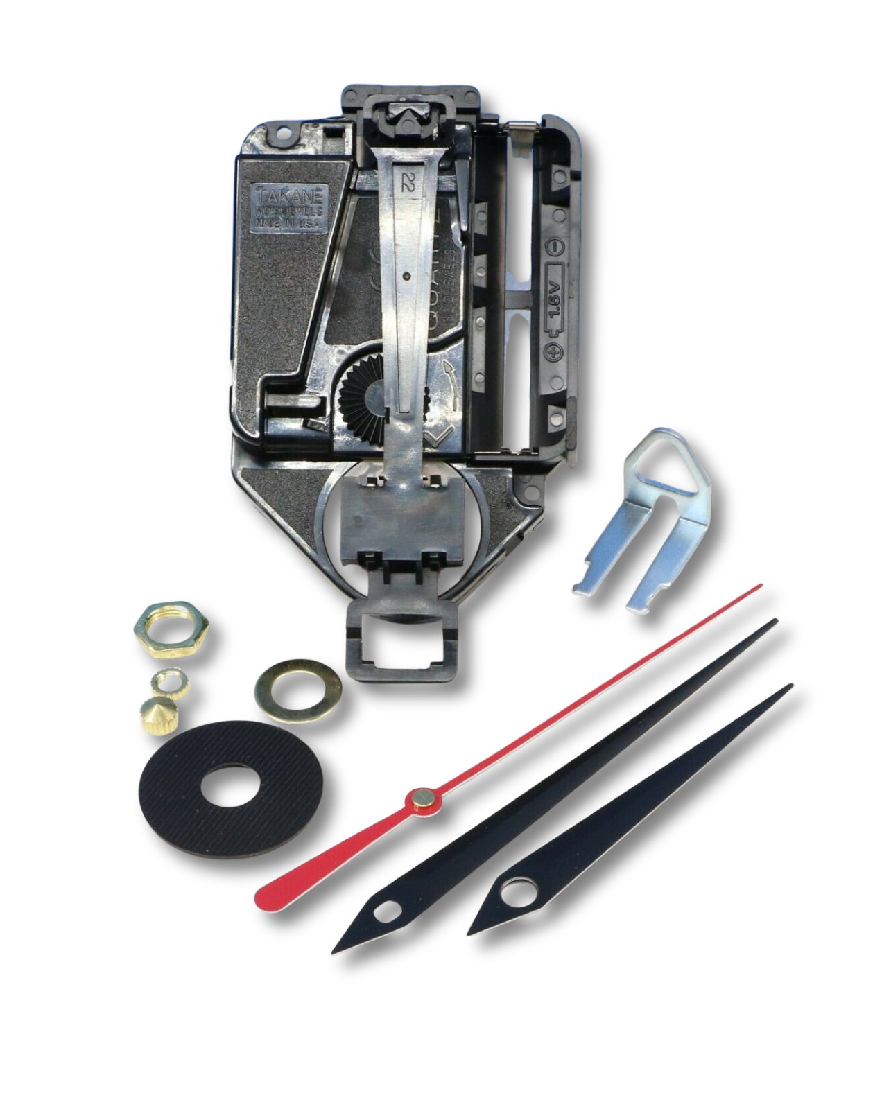 Takane mini quartz pendulum clock movement with sword hands and selectable shaft lengths from Krieger Clock Parts