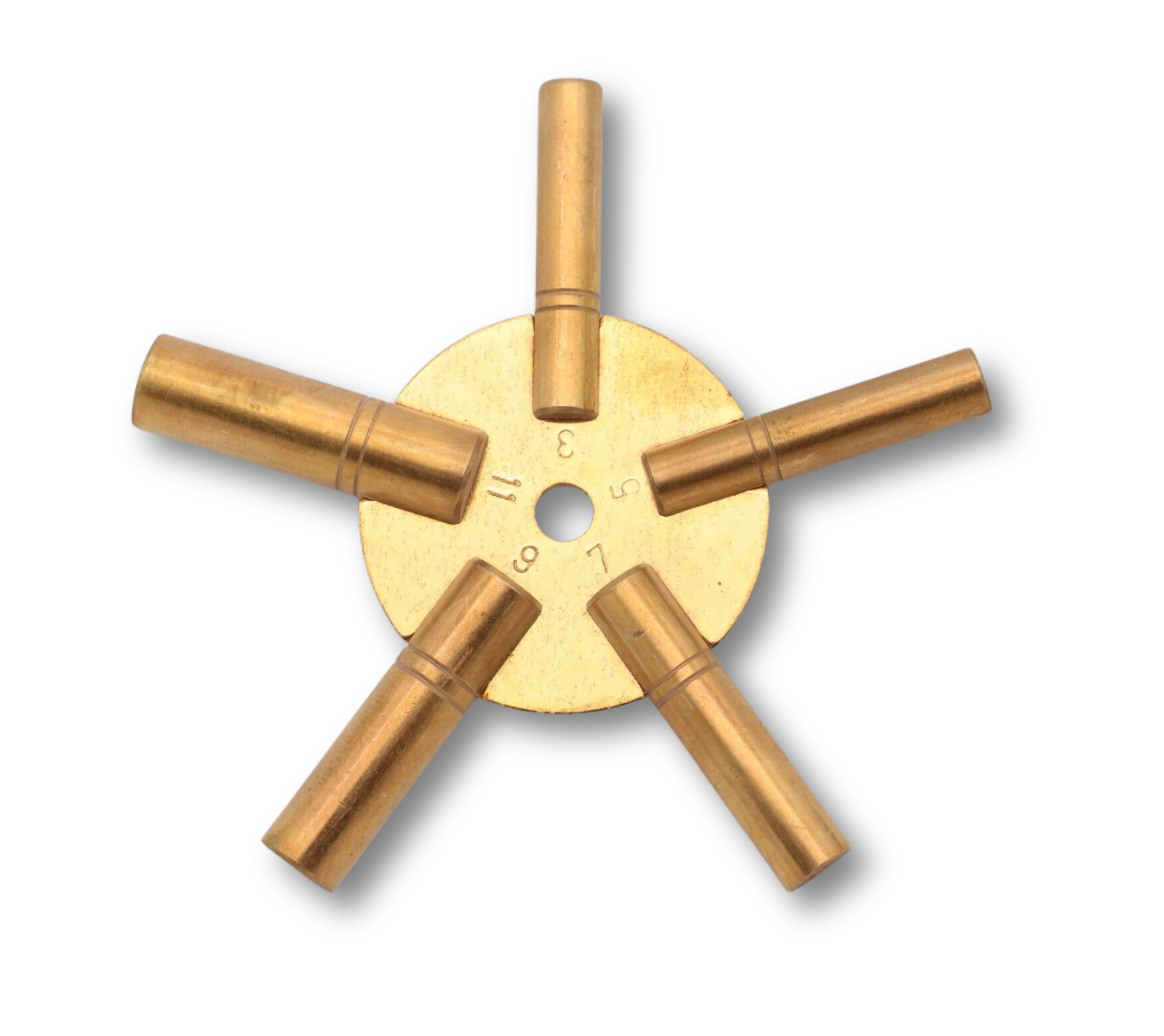 5-in-1 universal brass clock winding key with odd sizes 3, 5, 7, 9, and 11 for mechanical clocks