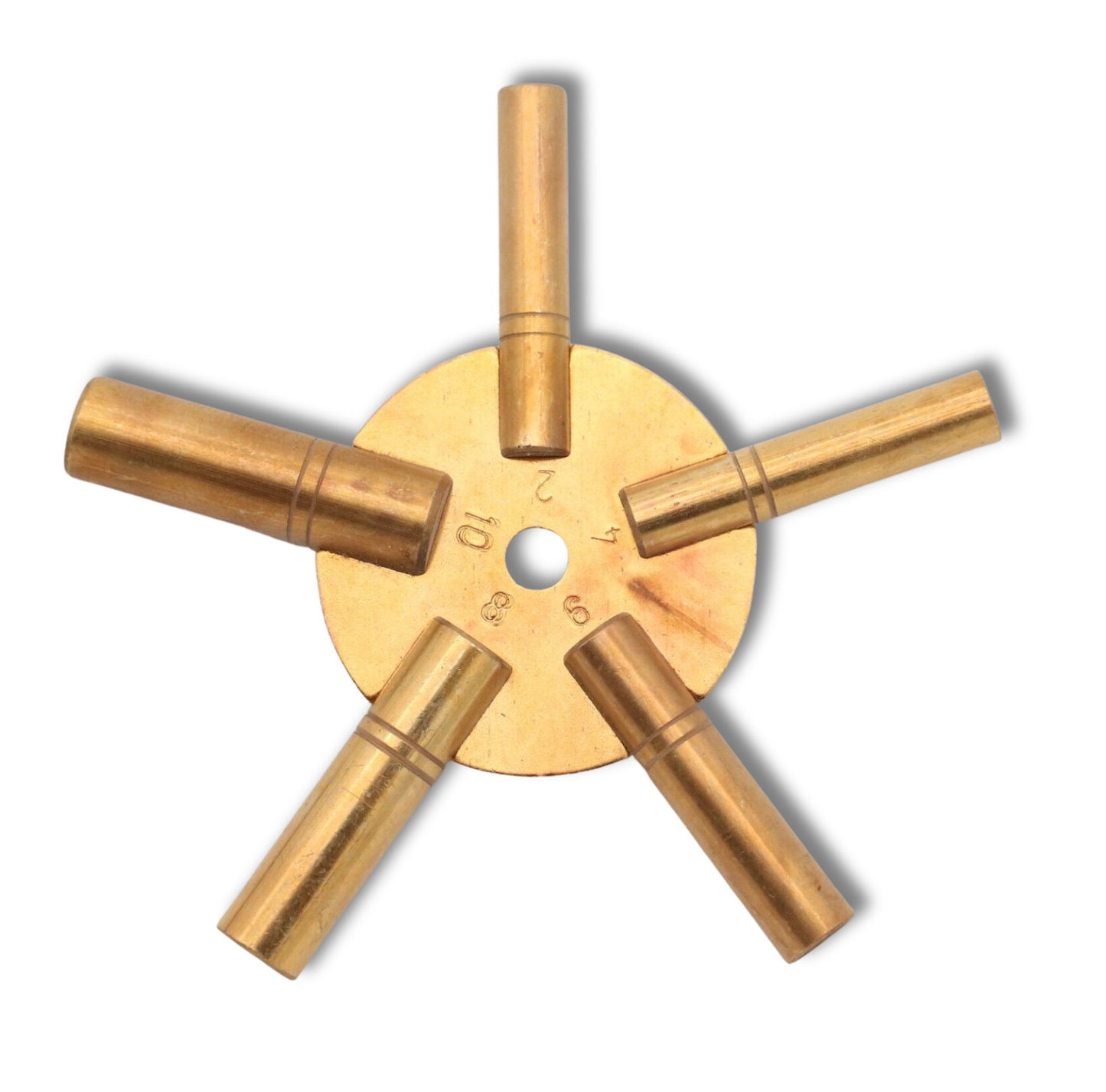 5-in-1 solid brass universal clock winding key with sizes 2, 4, 6, 8, and 10 for winding various clocks, Krieger Clock Parts.