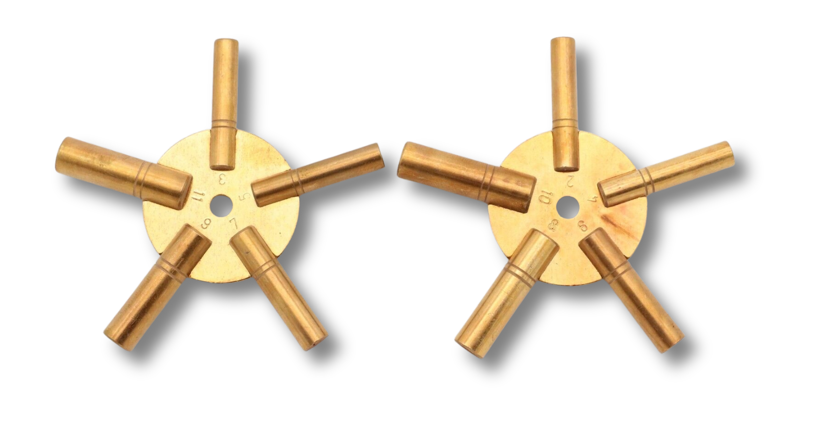 Universal 5-in-1 clock winding key set with even and odd sizes 2 through 11 made of solid brass