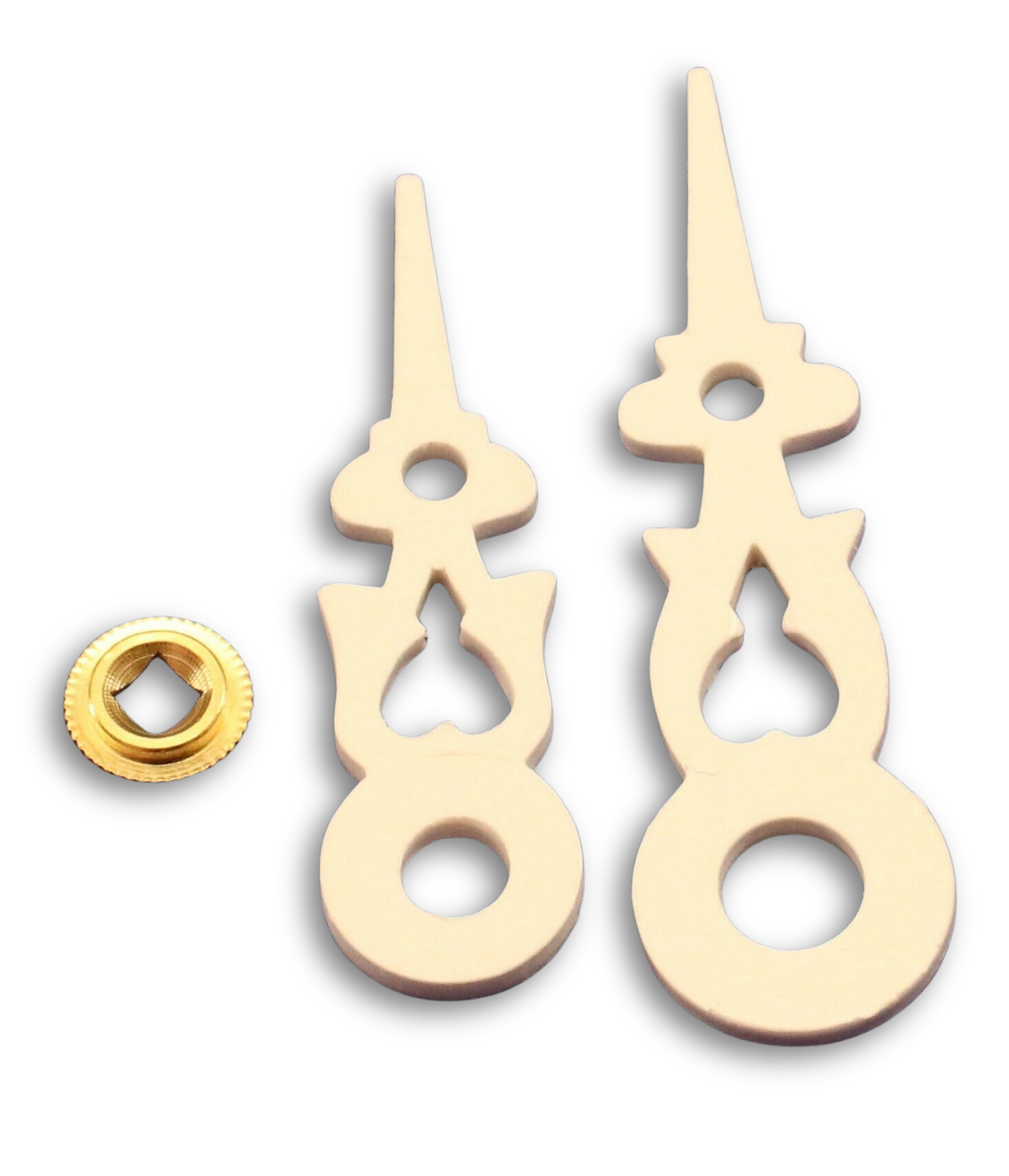 White cuckoo clock hands for 80 mm dial with brass square-hole bushing compatible with Regula and Hubert Herr movements