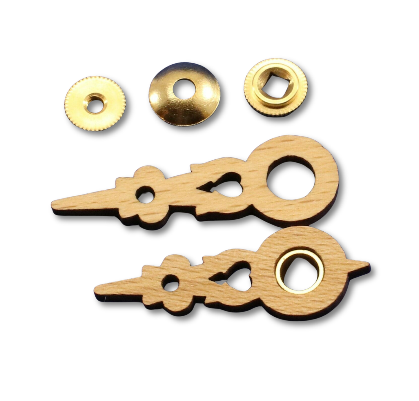 Wood cuckoo clock hands with brass hardware for 60 mm (2-1/4 inch) Regula clock dials.