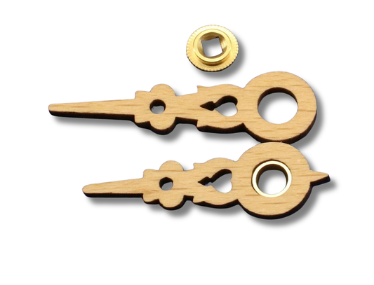 Set of solid wood cuckoo clock hands for 80 mm (3-1/8 inch) Regula dial with brass hour and minute bushings.