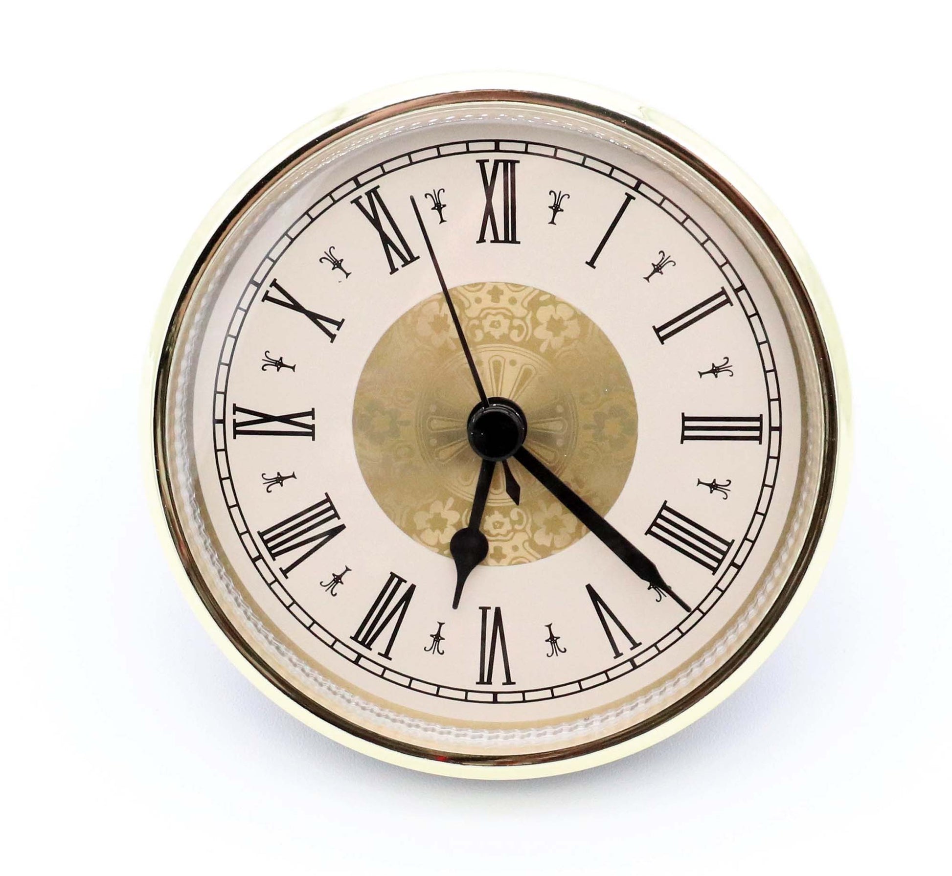 3 1/2 inch gold quartz fit-up clock movement with fancy ivory Roman dial and black spade hands