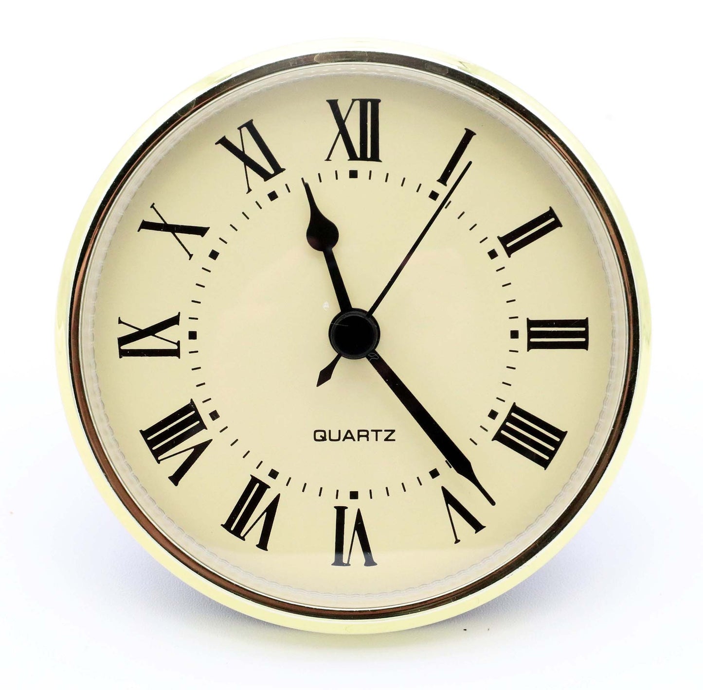 3 1/2 inch quartz clock insert fit-up movement with cream Roman dial and gold bezel