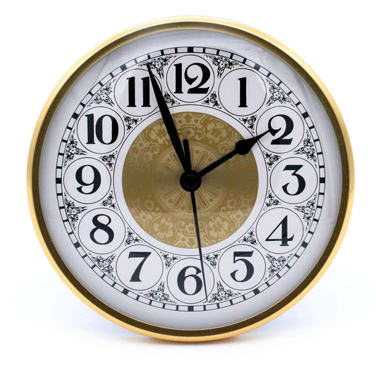 4 1/4 inch gold quartz clock insert with fancy white Arabic dial and glass lens