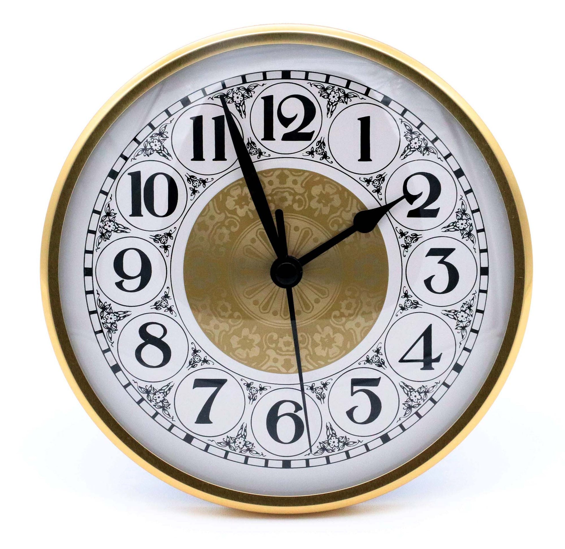 6 inch gold quartz clock insert with fancy Arabic dial black hands and glass lens