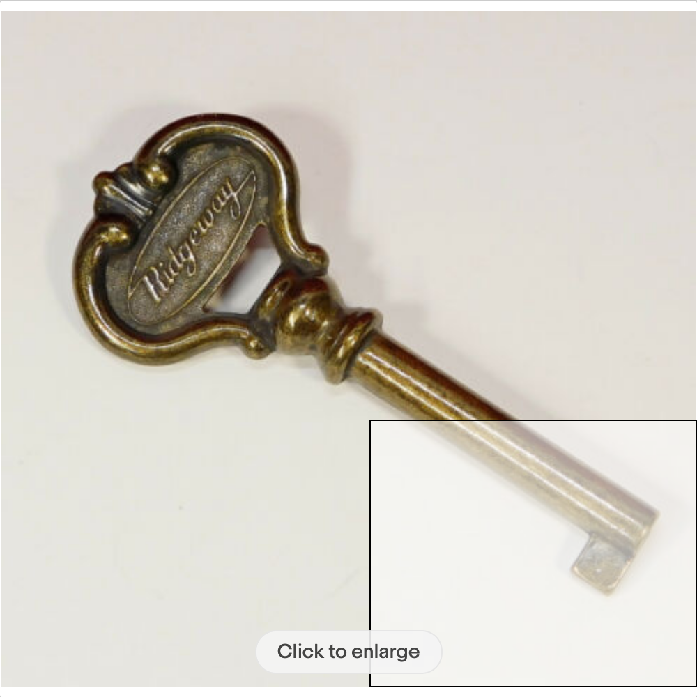 Ridgeway Grandfather Clock Door Key with Antique Brass Finish and Logo