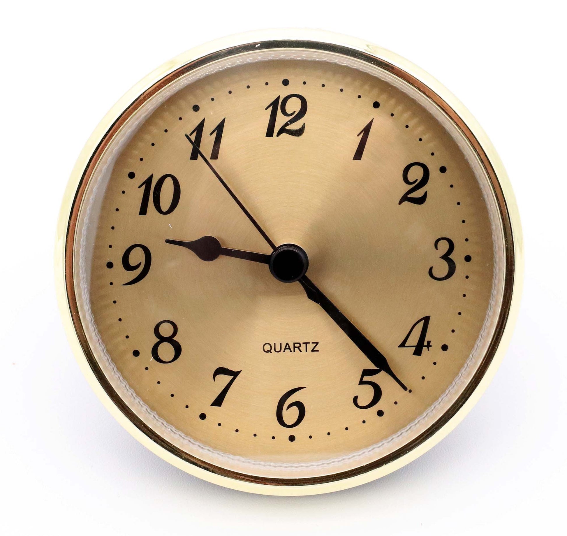 3.5-inch gold quartz fit-up clock insert with gold Arabic dial and black spade hands, model GGA3.5.