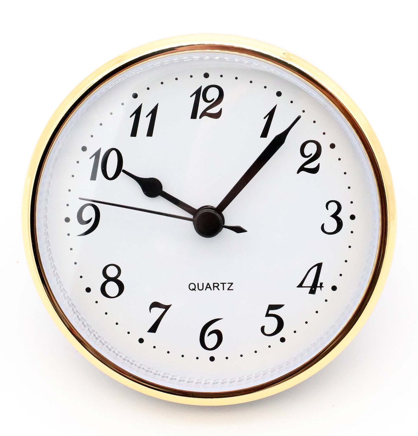 3.5 inch gold quartz clock insert with white Arabic dial and black hands