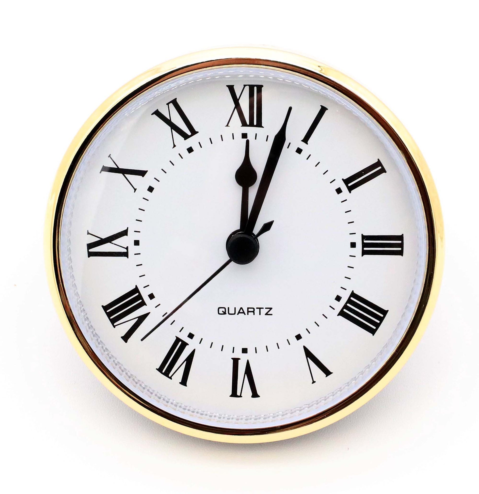 2-3/4 inch quartz fit-up clock insert with white Roman dial, gold bezel, and black spade hands, model GWR2.75.