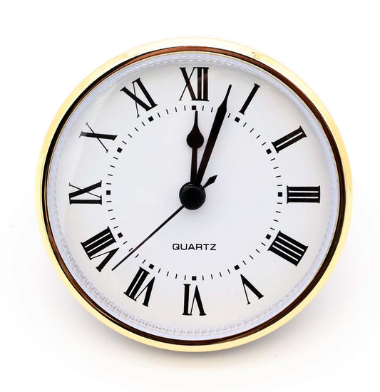 3.5-inch gold quartz fit-up clock insert with white Roman dial and black spade hands, model GWR3.5.