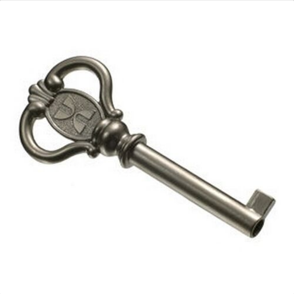 Howard Miller grandfather clock door key with nickel finish and logo