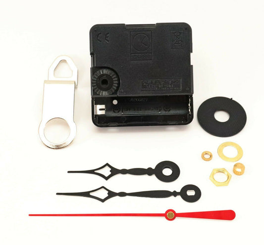 Mini quartz silent sweep clock movement with Eli Terry style hands and multiple shaft length options