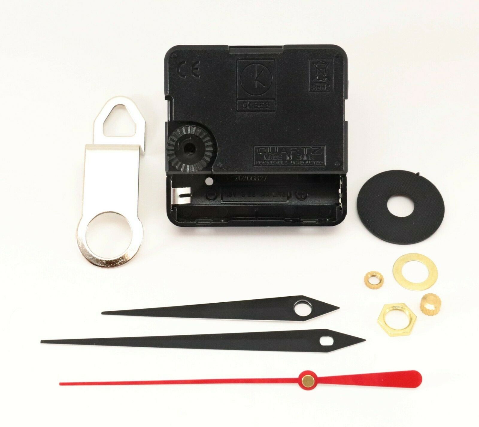 Mini quartz silent sweep clock movement with sword hands and mounting hardware for wall and mantel clocks