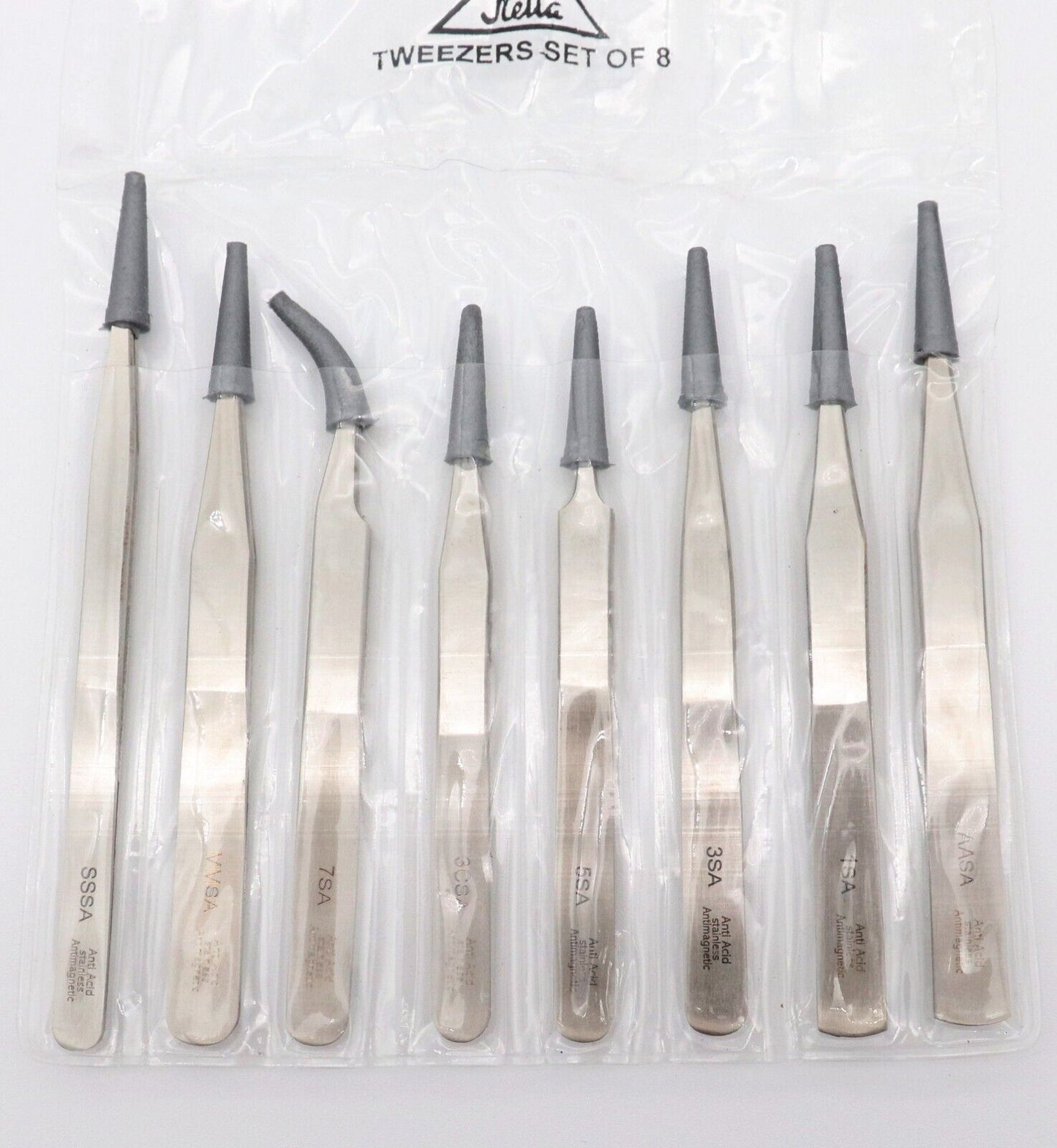 Set of 8 antimagnetic stainless steel precision watchmaker tweezers for clock and jewelry repair