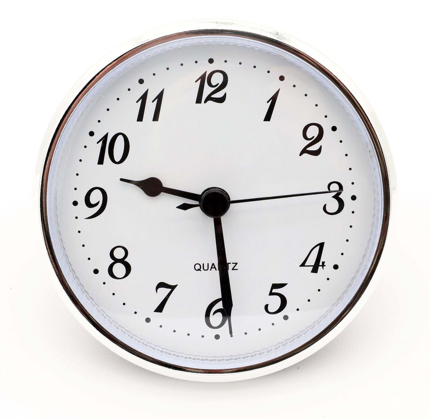 2 3/4-inch quartz insert fit-up clock movement with white Arabic dial, black spade hands, and silver bezel (SWA2.75)