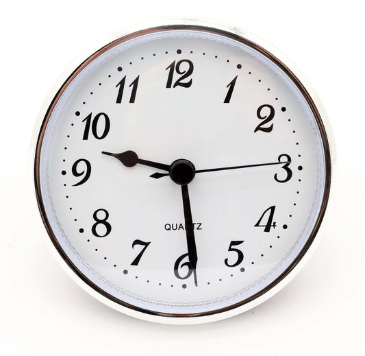 2 3/4-inch quartz insert fit-up clock movement with white Arabic dial, black spade hands, and silver bezel (SWA2.75)