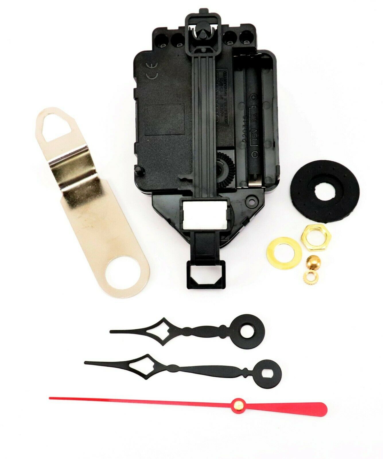 Quartz silent sweep pendulum clock movement with Eli Terry hands and red second hand