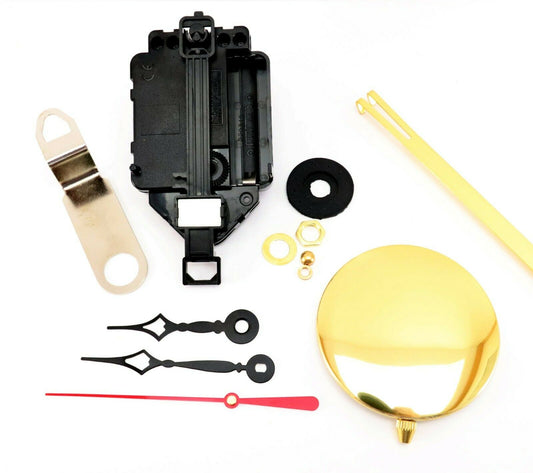 Silent sweep high-torque quartz pendulum clock movement with 17-inch brass pendulum and Eli Terry style hands