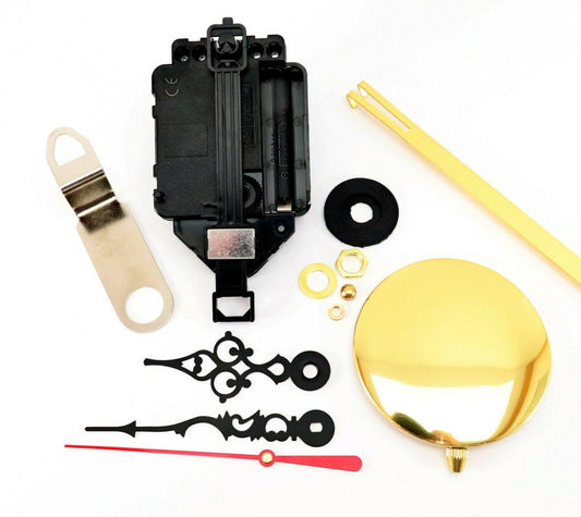 Silent sweep quartz pendulum clock movement with serpentine hands and included brass-finish pendulum