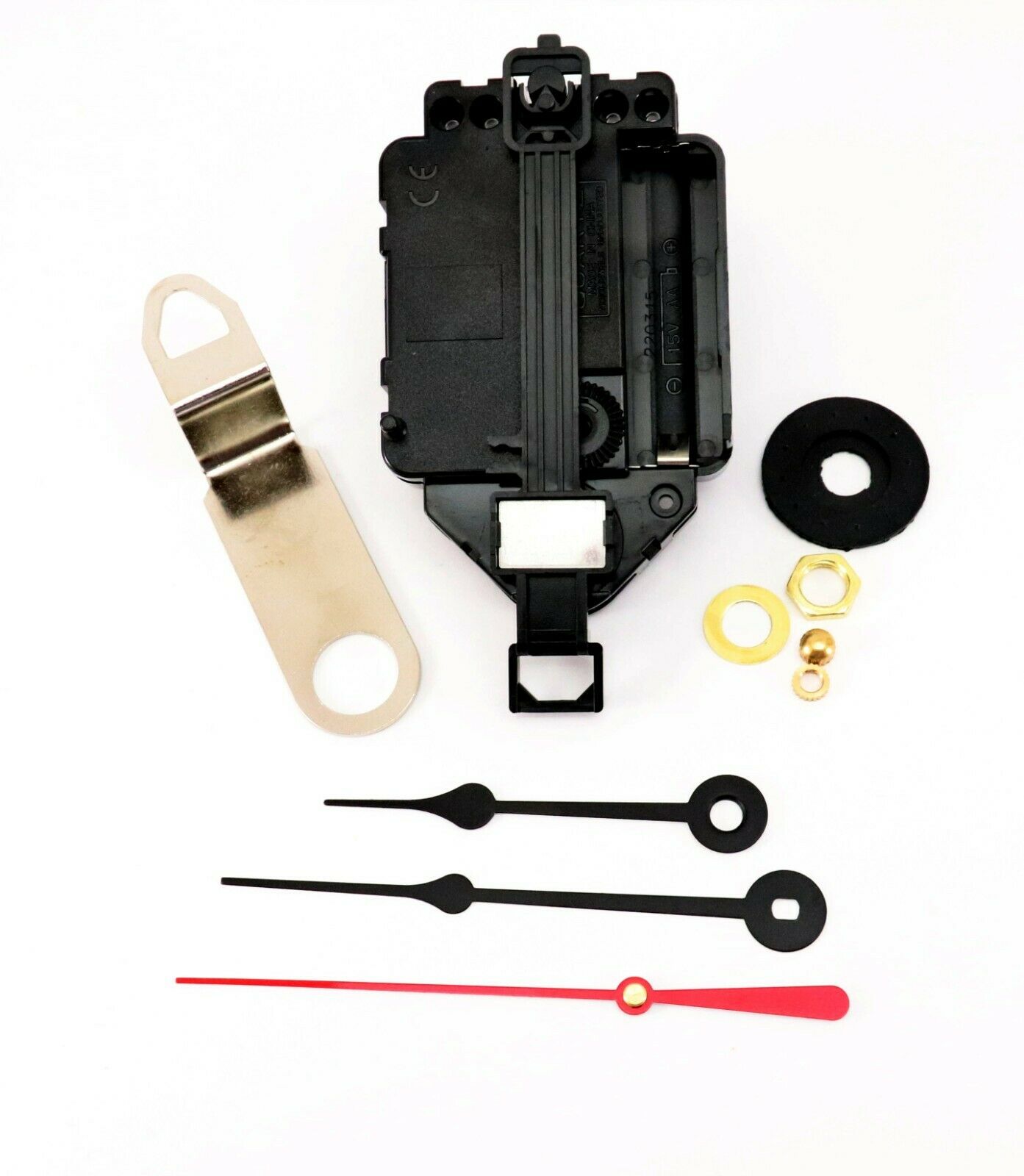 Silent sweep quartz pendulum clock movement with black spade hands and mounting hardware
