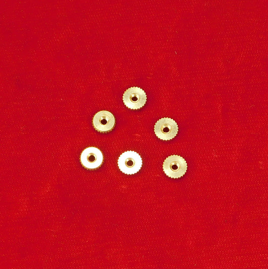 Set of six German-made brass threaded hand nuts for Regula cuckoo clock movements.