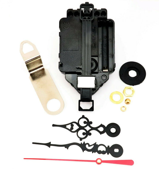 Silent sweep quartz pendulum clock movement with serpentine hands and metal hanger, no ticking noise