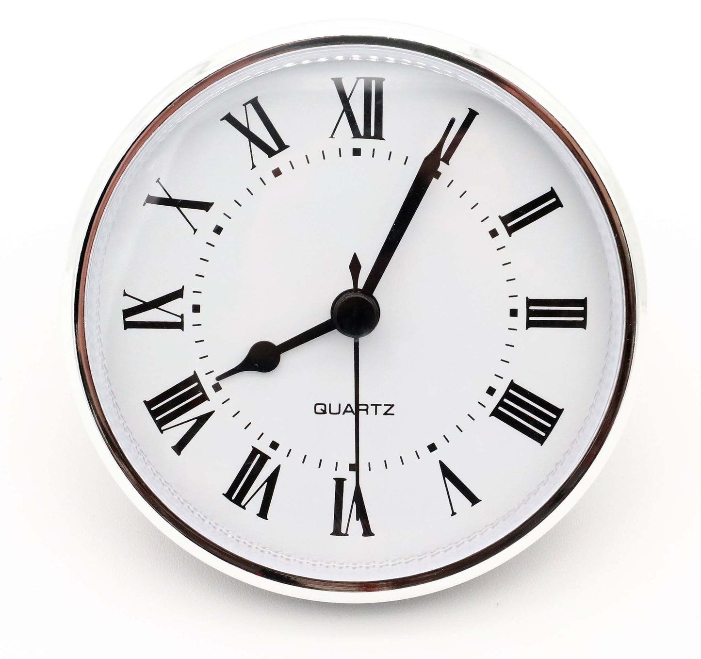 3.5-inch silver quartz fit-up clock insert with white Roman dial and black spade hands, model SWR3.5.