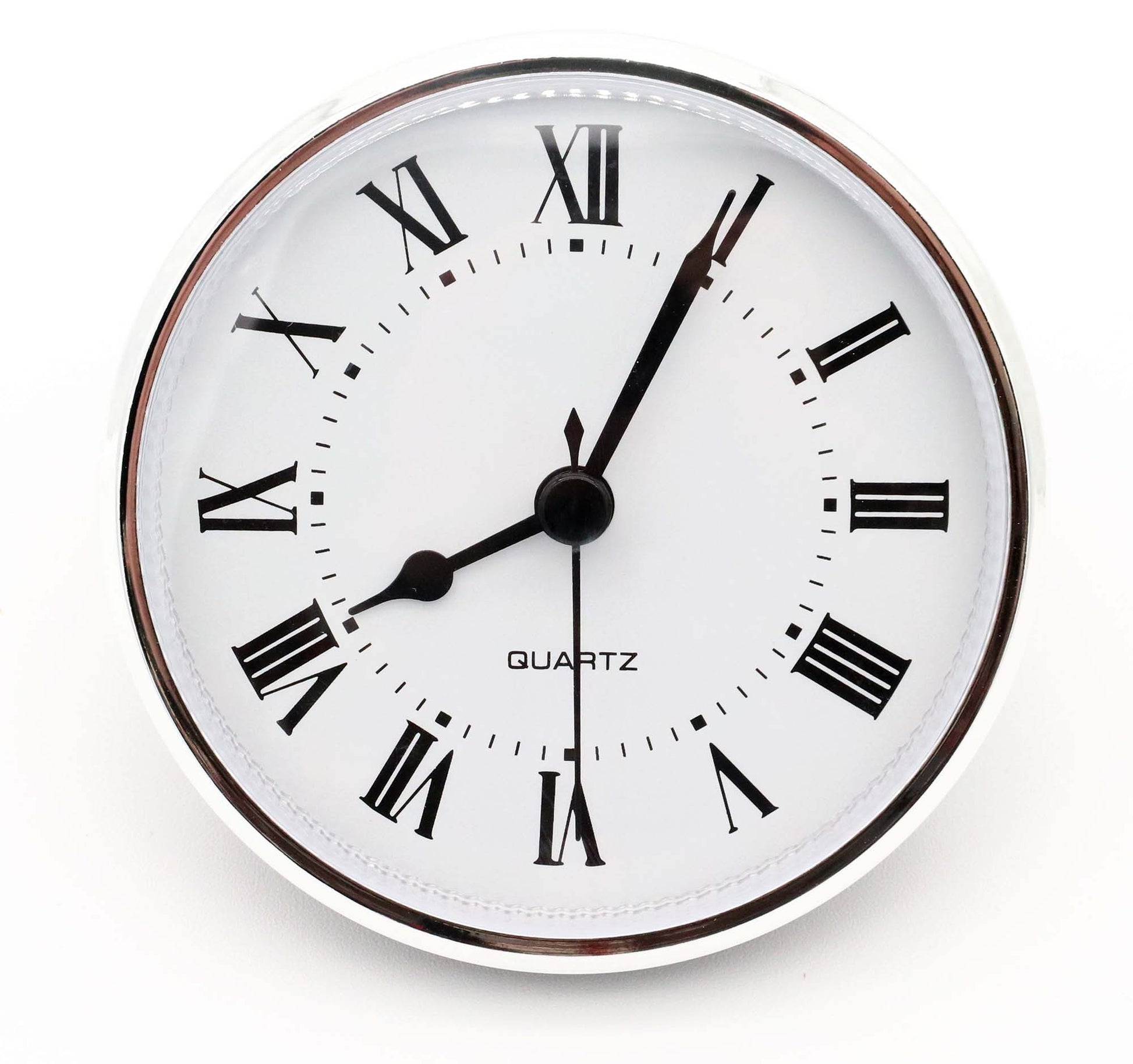3.5-inch silver quartz fit-up clock insert with white Roman dial and black spade hands, model SWR3.5.