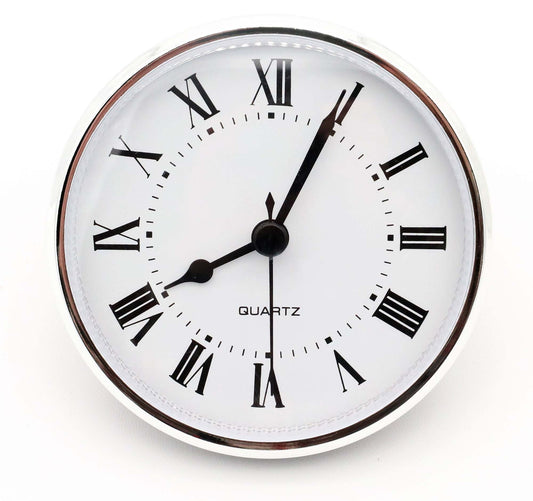3.5-inch silver quartz fit-up clock insert with white Roman dial and black spade hands, model SWR3.5.